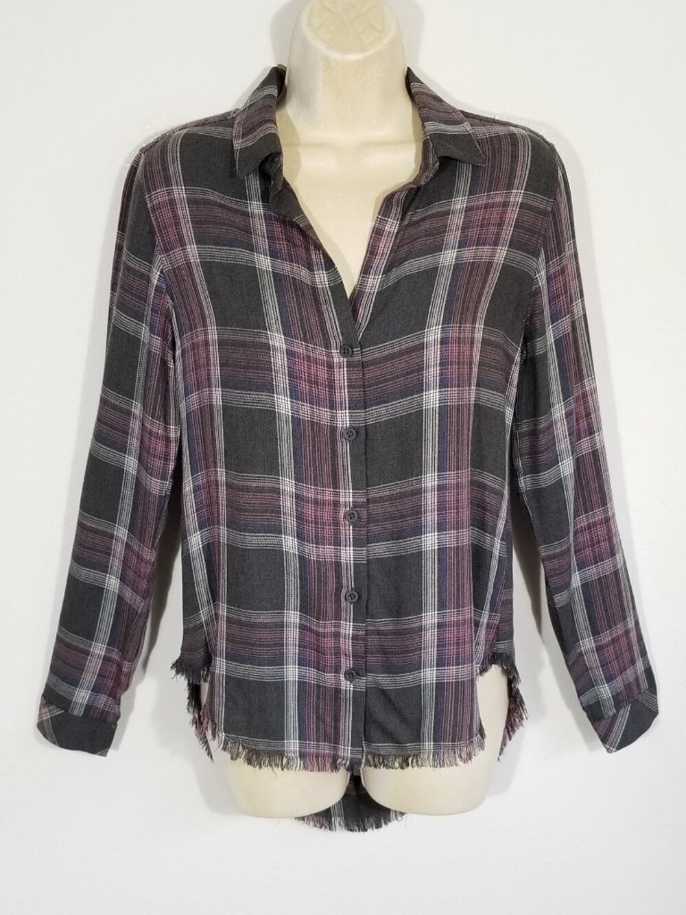 CLOTH & STONE Button Up Shirt Top Plaid Fringe Raw Hem 7109E1M